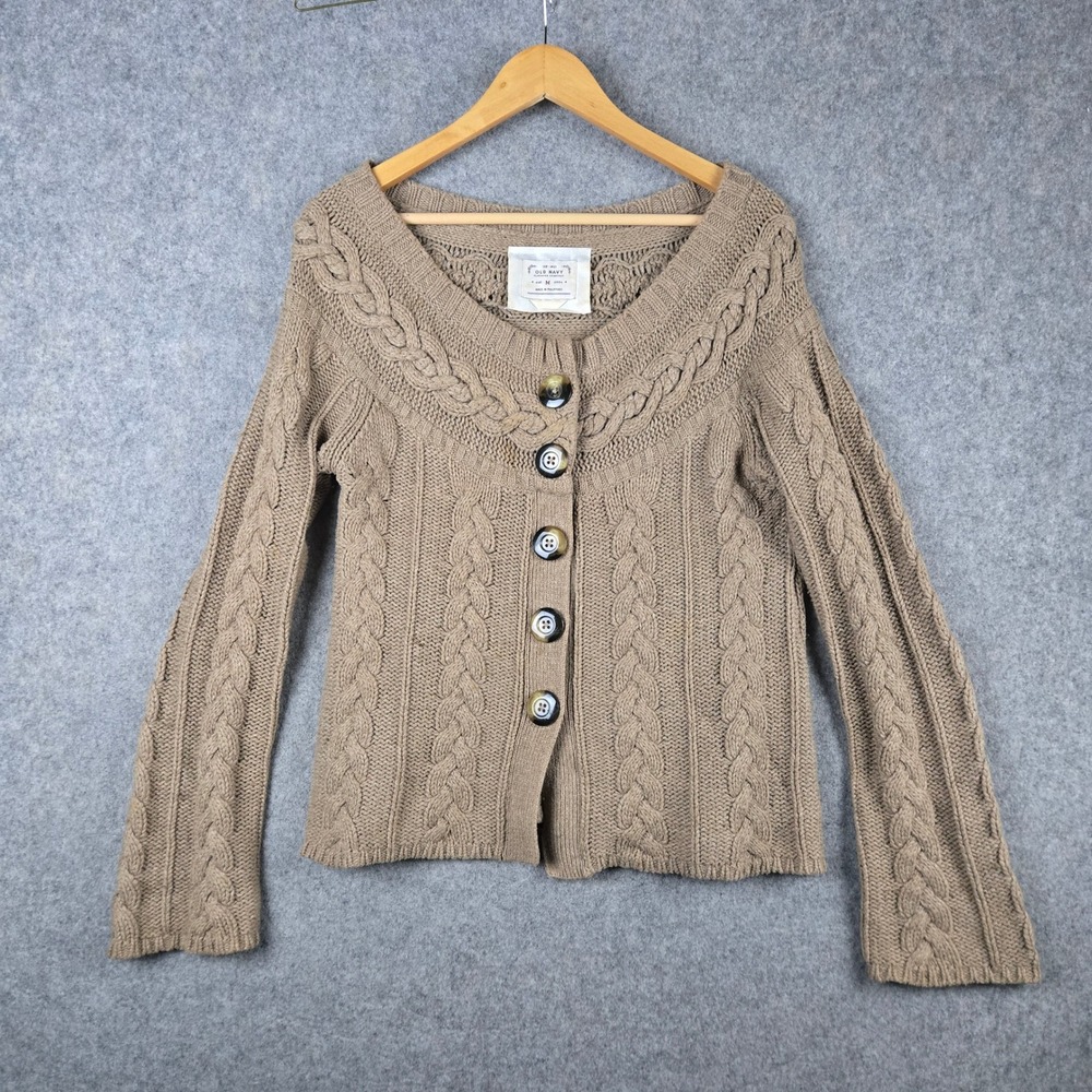 Y2K Old Navy Cardigan Sweater Womens M Brown Cable Knit Cotton Wool Button Up